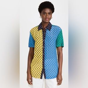 Staud Pallas Floral Button Down Top Blouse ColorBlock Calico Petunia AOP size L